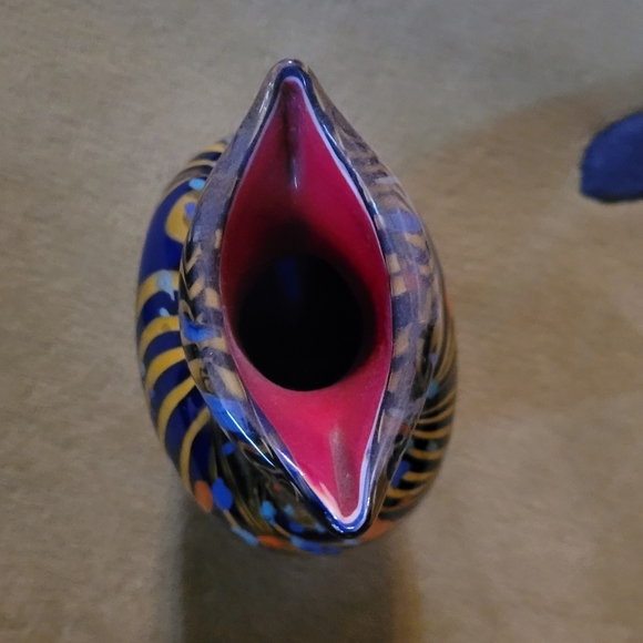 Murano Style Art Glass Vase Blue Yellow Multi Heavy 7 in. - Picture 6 of 8